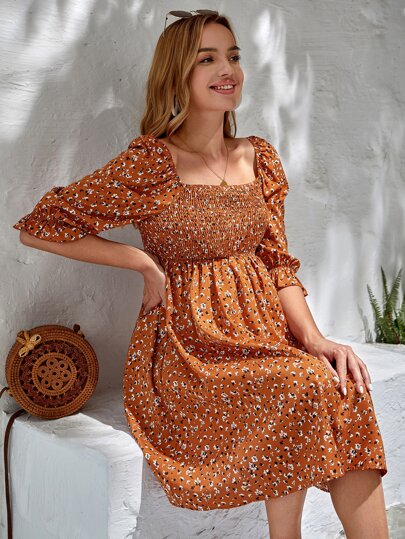 Maternity Floral Print Square Neck Puff Sleeve Dress