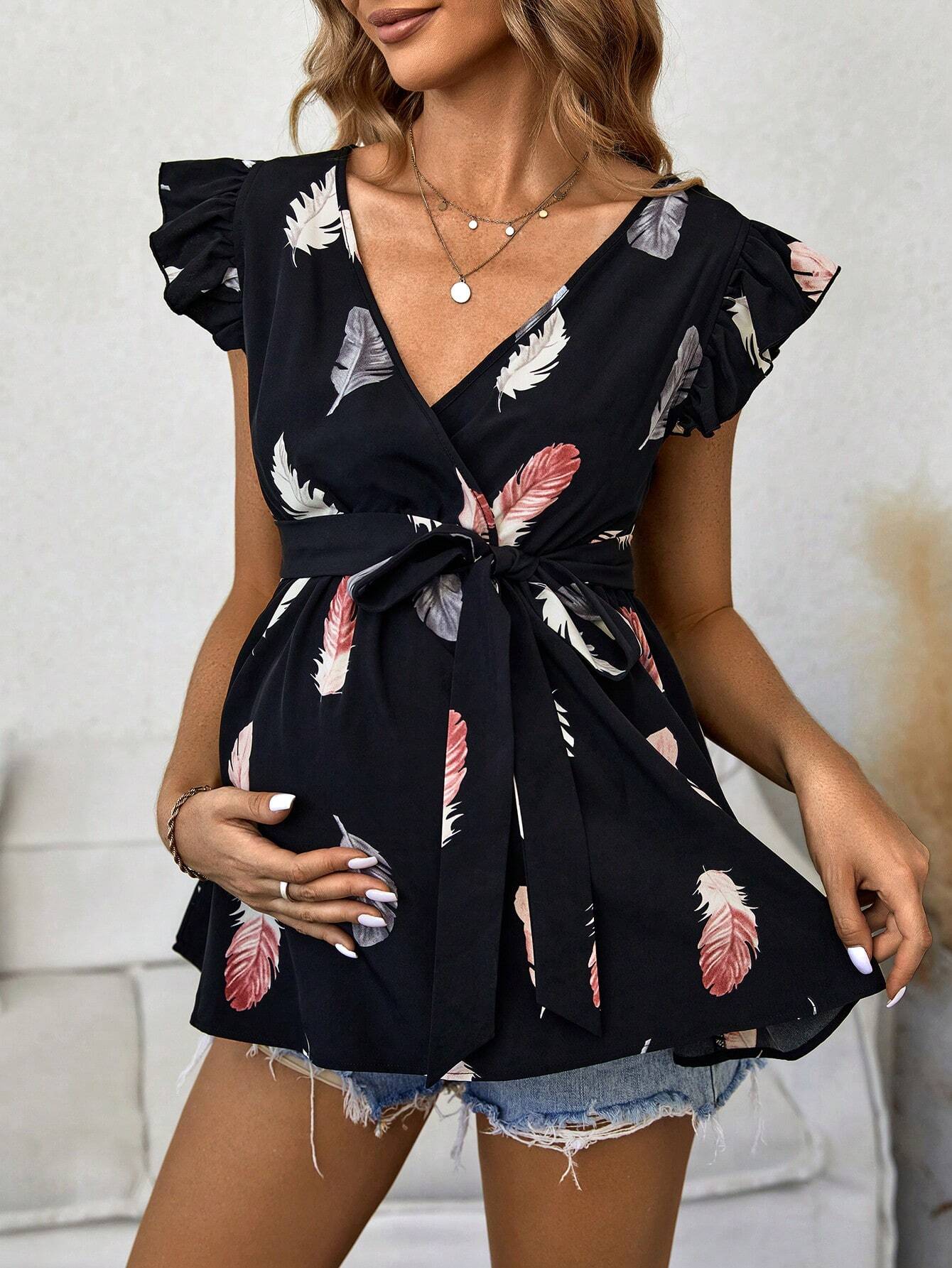 Maternity Feather Print Butterfly Sleeve Belted Top