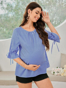 Maternity Striped Ruffle Sleeve Blouse