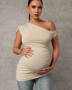 Maternity Shirred Asymmetric Shoulder Top
