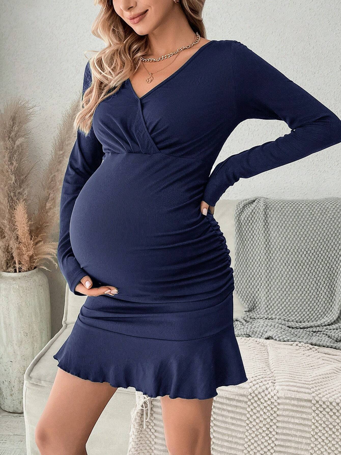 Maternity Long Sleeve Frill Hem Dress