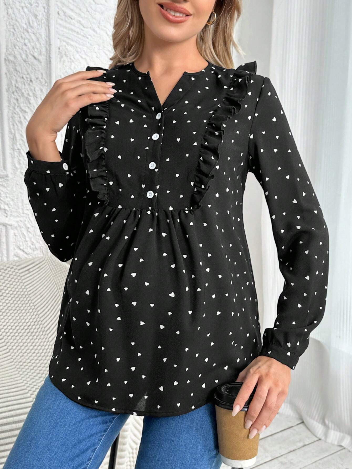 Maternity Heart Print Blouse with Ruffle Trim