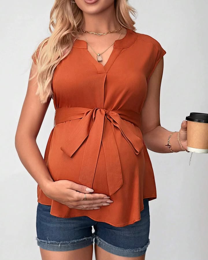 Maternity Notched Collar Belted Blouse
