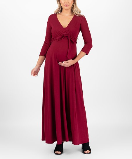 Maternity and Nursing Long Sleeve Dress with Waist Tie (Burgundy)