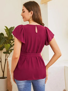 Butterfly Sleeve Self Belted Maternity Top - Burgundy