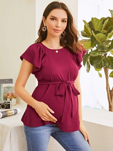 Butterfly Sleeve Self Belted Maternity Top - Burgundy