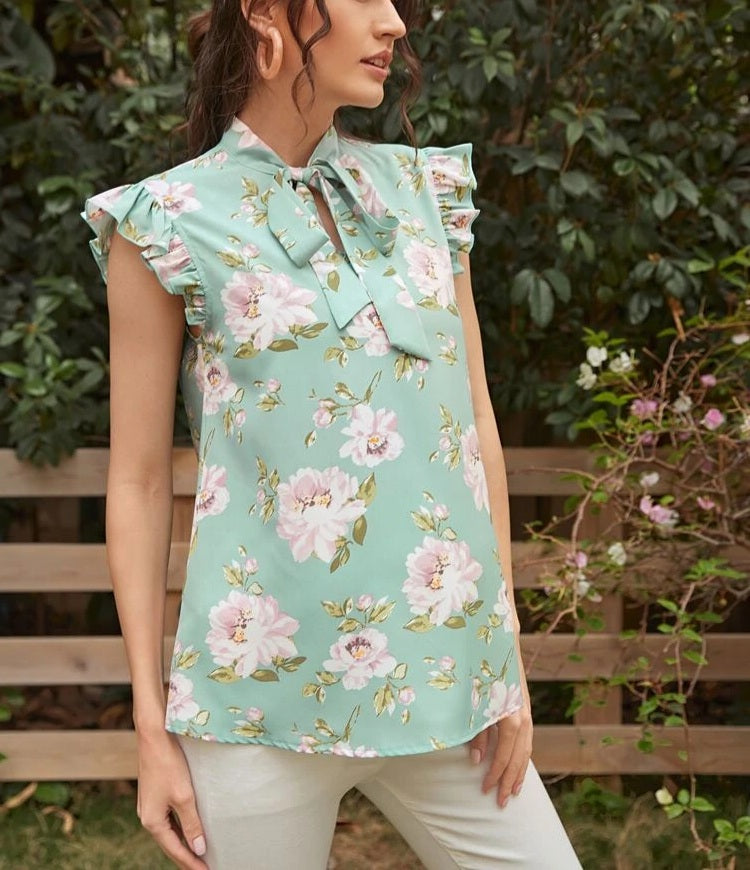 Tie Neck Ruffle Armhole Floral Print Top